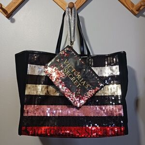 Victoria's Secret Black and Pink Sequin Tote Overnight Duffel & Makeup Pouch